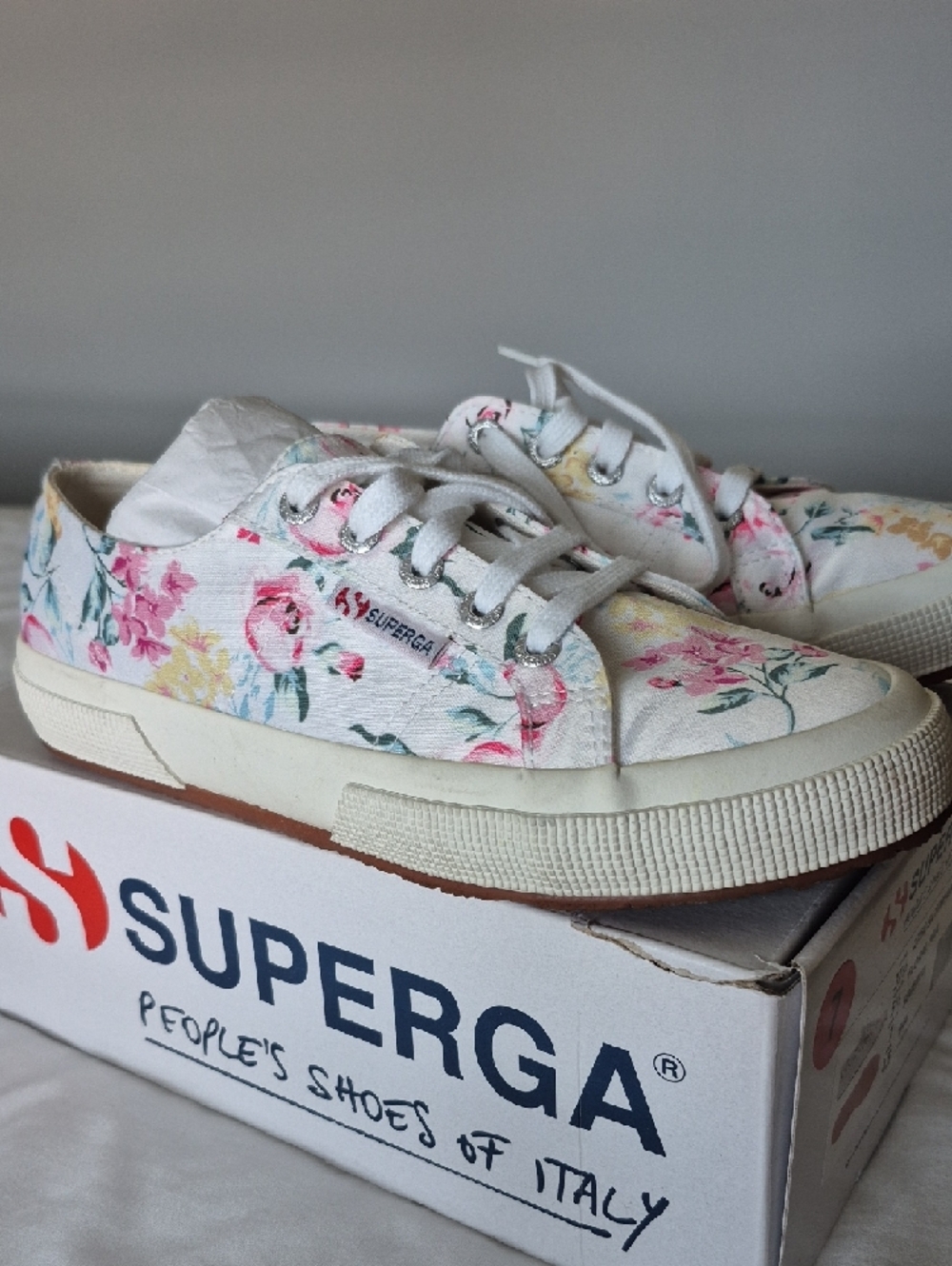 Superga White Canvas Sneakers with Pink and Yellow Floral Pattern